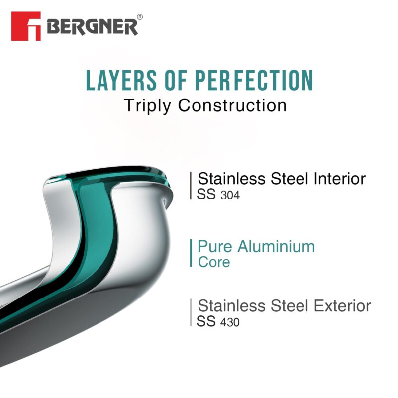 Bergner BE Bergner Essentials Tripro Triply Stainless Steel 3 Liters Outer Lid Pressure Cooker, Faster and Even Heating, Healthy Cooking, Easy to Clean, Full Induction Bottom and Gas Stove Ready - Image 5