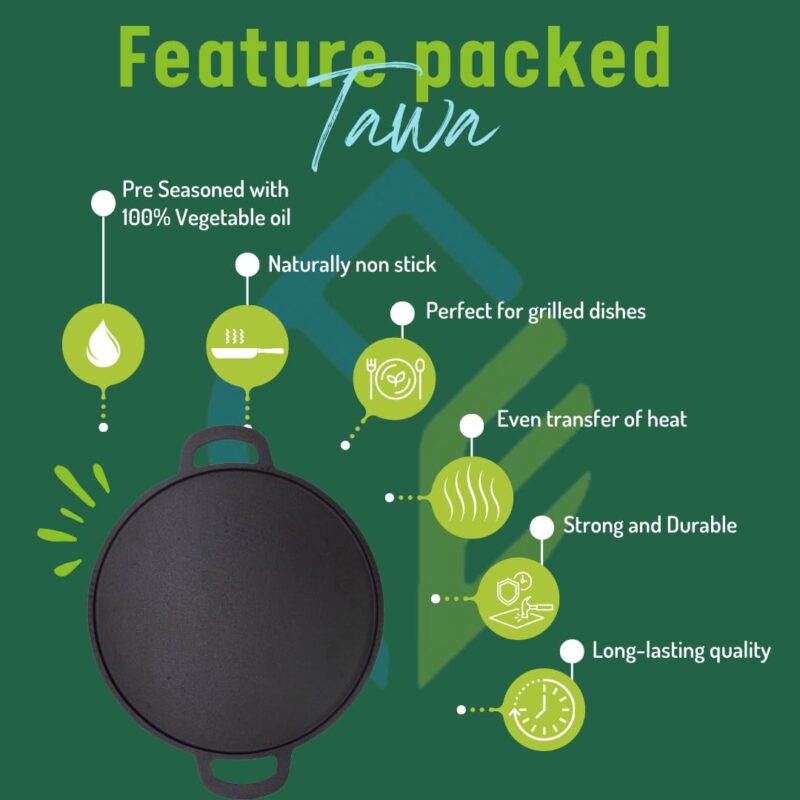 Earthfit Cast Iron Dosa Tawa (12"/ 30 cm) is Perfect Choice for Making Dosa, Uthappam, Roti & Chapatis. The Pre Seasoned Dosa Tawa Design is Compatible with Gas Stove, Oven & Camp Fire - Image 3