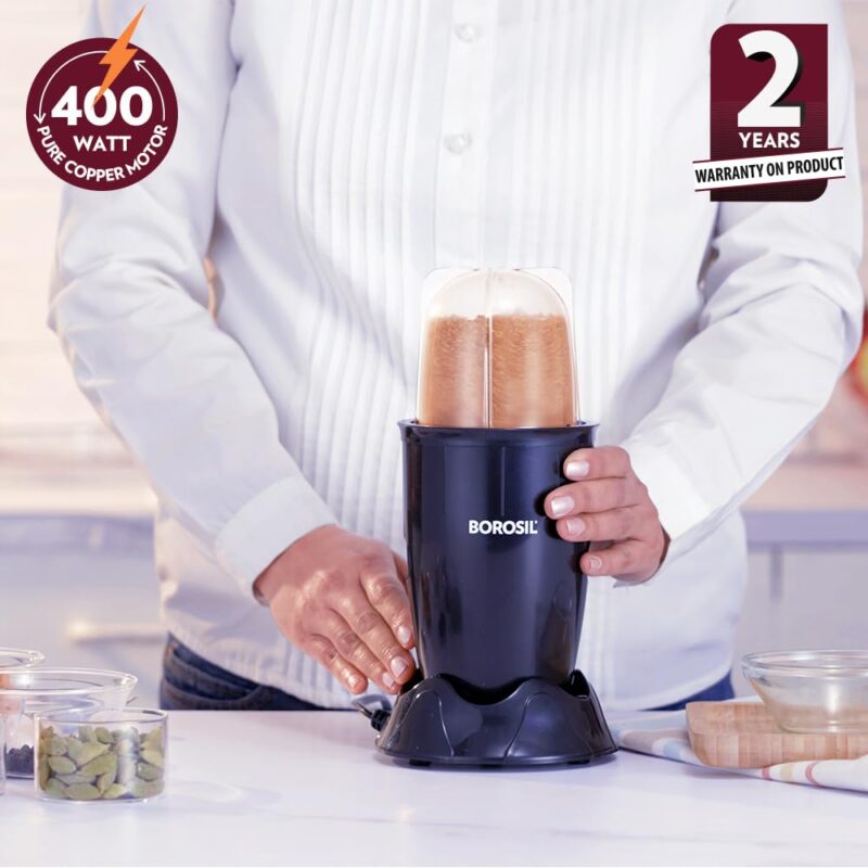 Borosil NutriFresh Portable Mini-Blender & Grinder, 500 ml Blending Jar, 300 ml Chutney Jar, For Blending Smoothies & Chutneys, Dry Grinding Spices, Black, 400 W - Image 3