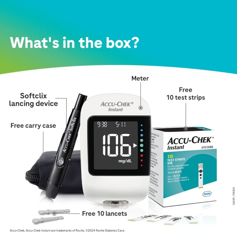 Accu-Chek Instant Blood Glucose Glucometer Kit with Vial of 10 Strips, 10 Lancets and a Lancing device FREE - Image 2