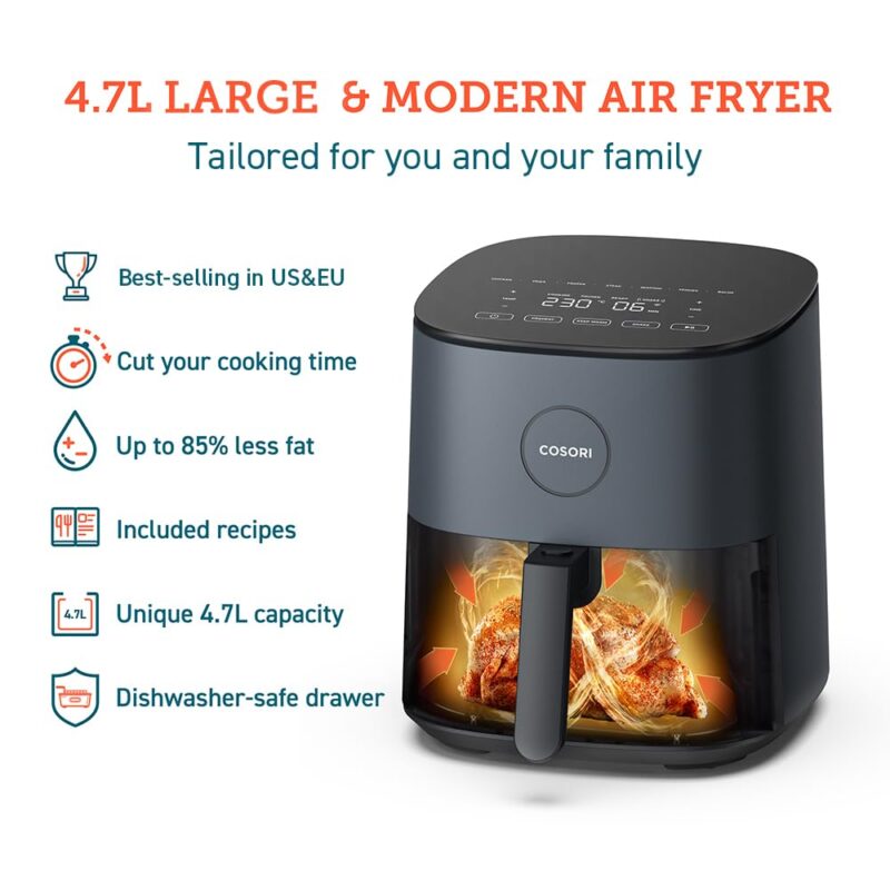 COSORI Air Fryer for home 4.7L, 9-in-1 Kitchen Oven Appliances, 30 Recipes Cookbook, Digital Tempered Glass Display, Max 230℃ Setting, Quiet, 4 Portions, 1500W, L501 Grey - Image 9