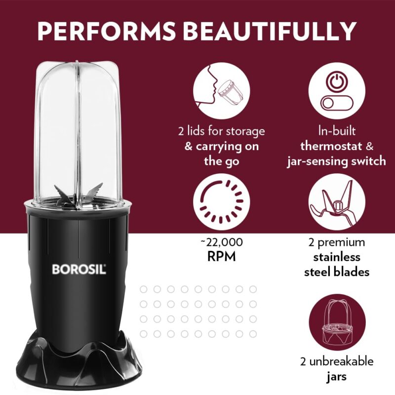 Borosil NutriFresh Portable Mini-Blender & Grinder, 500 ml Blending Jar, 300 ml Chutney Jar, For Blending Smoothies & Chutneys, Dry Grinding Spices, Black, 400 W - Image 7