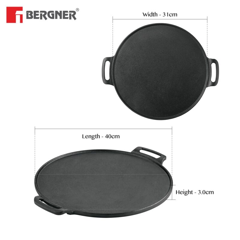 Bergner Eco Cast Iron 30cm Dosa Tawa, Pre-Seasoned, Large Loha Tawa for Dosa, Even Heat Distributor, Retains Heat to Enhance Flavor, Comes with Silicone Sleeve - Induction Base and Gas Stove Ready - Image 2