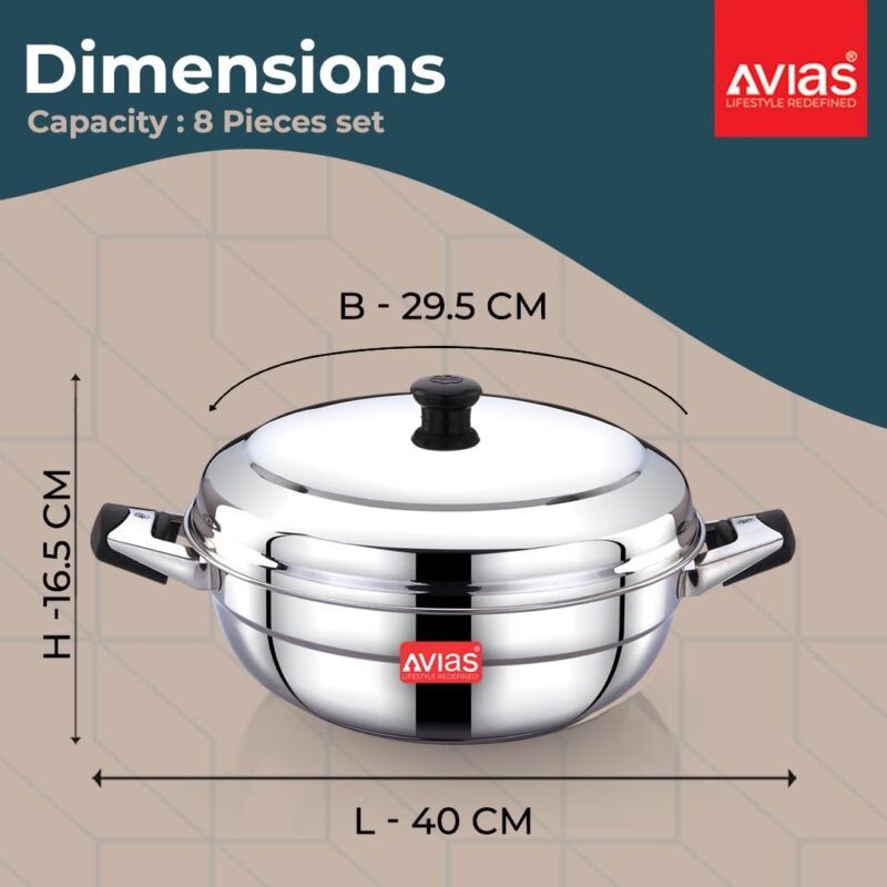 AVIAS All Rounder Premium Stainless Steel Induction Friendly Multipurpose Kadai, Kadhai Set with 6 Plates (1 Mini Idly Plate, 2 Big Idli Plates-14 Idlies, 2 Dhokla Plates, 1 Steamer Plate) - Image 4