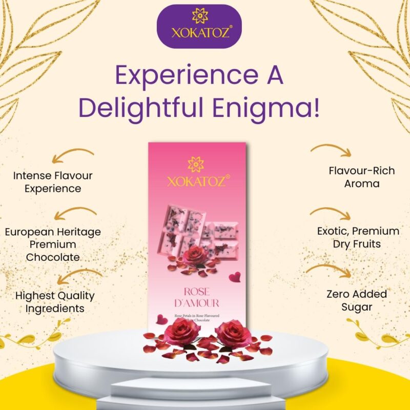 XOKATOZ Exotic Premium Chocolate - 1 Rose D’Amour Flavour - Flavoured White Chocolate Bars - Gift Set - Pack of 1, 75 gm (75 gm x 1) - Image 4