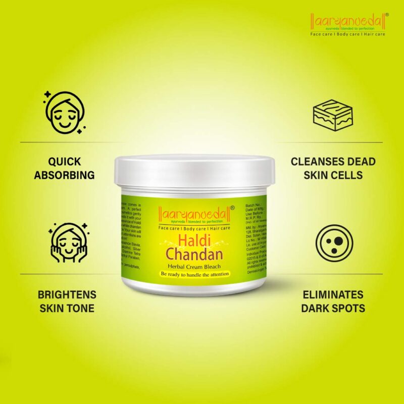 Aryanveda Haldi Chandan Herbal Bleach Cream, Infused with Haldi, Chandan, Aloe Vera, For Radiant Skin, Natural Glowing & Tan Removal, Skin Brightening, Suitable For All Skin Types - Beautiful Skin for Men and Women - 43 gm Pack of 4 - Image 6