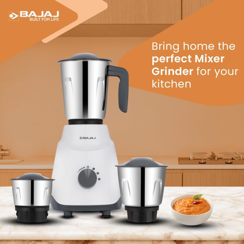 Bajaj Ninja Series Contempo Mixer Grinder 500W|3 Stainless Steel Mixer Jar|DuraCut® Blades by Bajaj|Mixie For Kitchen with 2-in-1 function blade| Pulse Mode| 2-Yr Warranty by Bajaj| Grey - Image 5