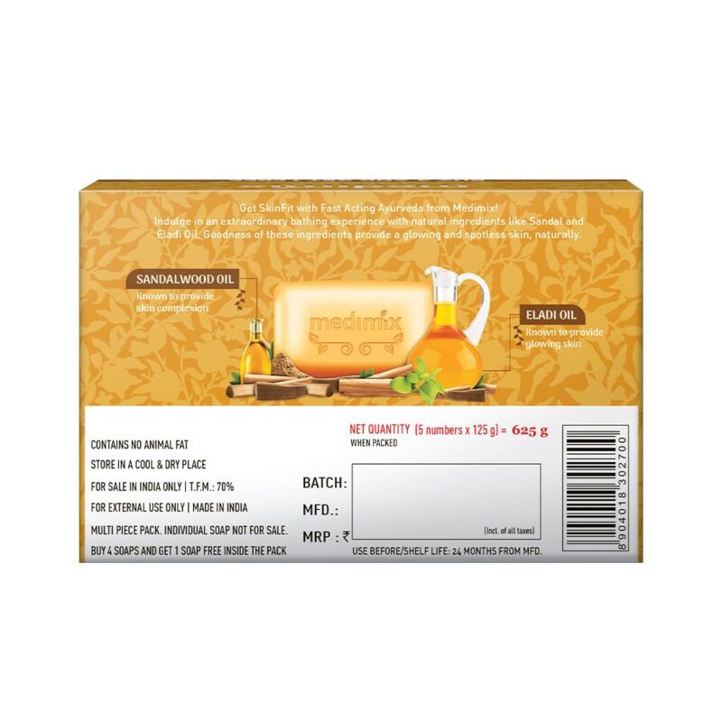 5x Medimix Ayurvedic Sandal Bathing Soap Bar With Eladi Oil 125G each - Pack of 5 - Image 2