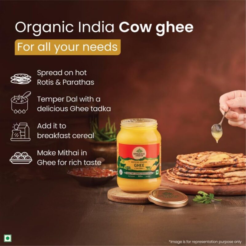 A TATA Product - Organic India Pure Cow Ghee, 500ml, Lab Tested on 600+ Parameters, Certified Organic, Glass Bottle, Sourced from Organically Fed Cows, Authentic Taste, Rich in Healthy Fat - Image 4