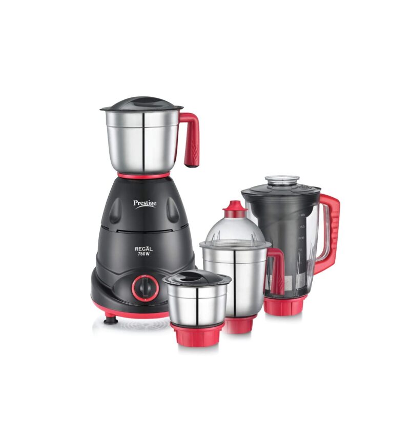 Prestige Regal Mixer Grinder, 750W, 3 Stainless Steel Jar + 1 Juicer Jar, Multi-Color, Medium