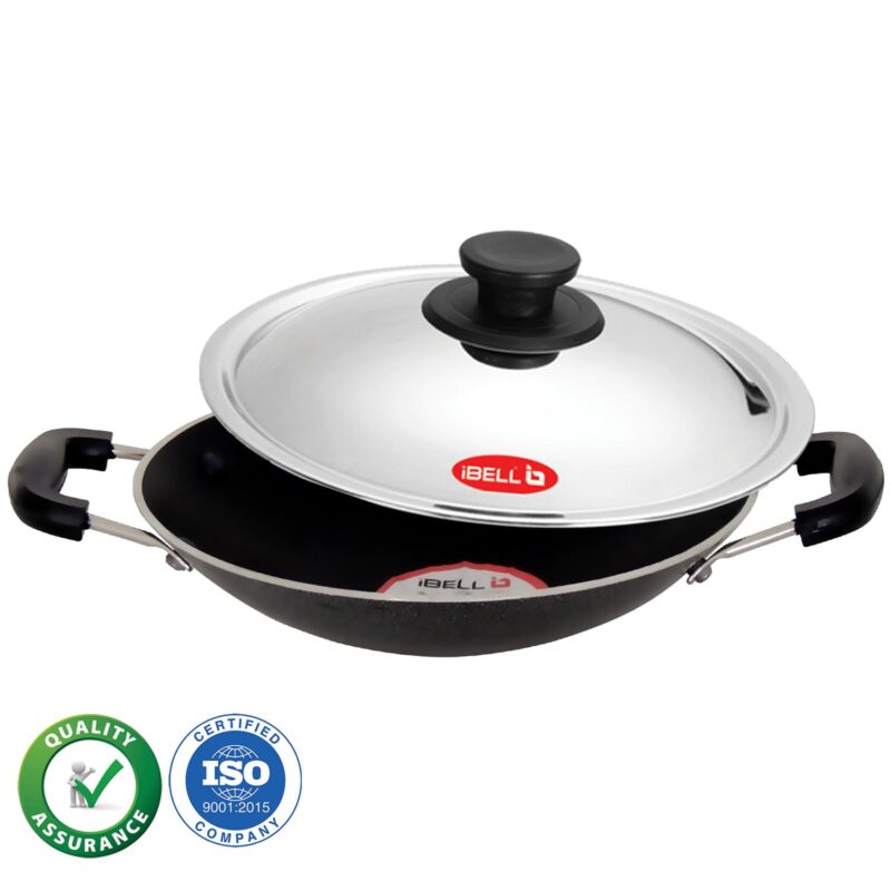 IBELL Premium Non-Stick Aluminium Appam Pan with Lid, Appachatty, 200mm, Silver