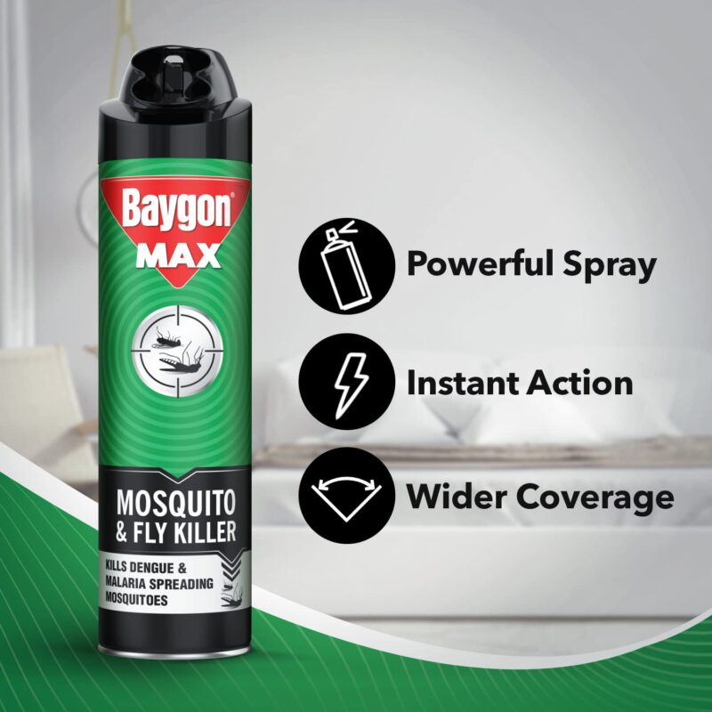 Baygon Max Mosquito and Fly Killer Spray, 625ml | Instant Mosquito Killer | Kills Dengue & Malaria Spreading Mosquitoes | With Double Nozzle Technology for 30% Wider Coverage - Image 4