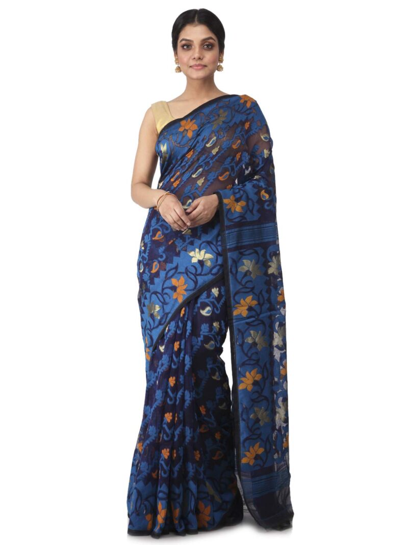 PinkLoom Women's Soft Cotton Jamdani Saree Without Blouse Piece, Blue, Gb166
