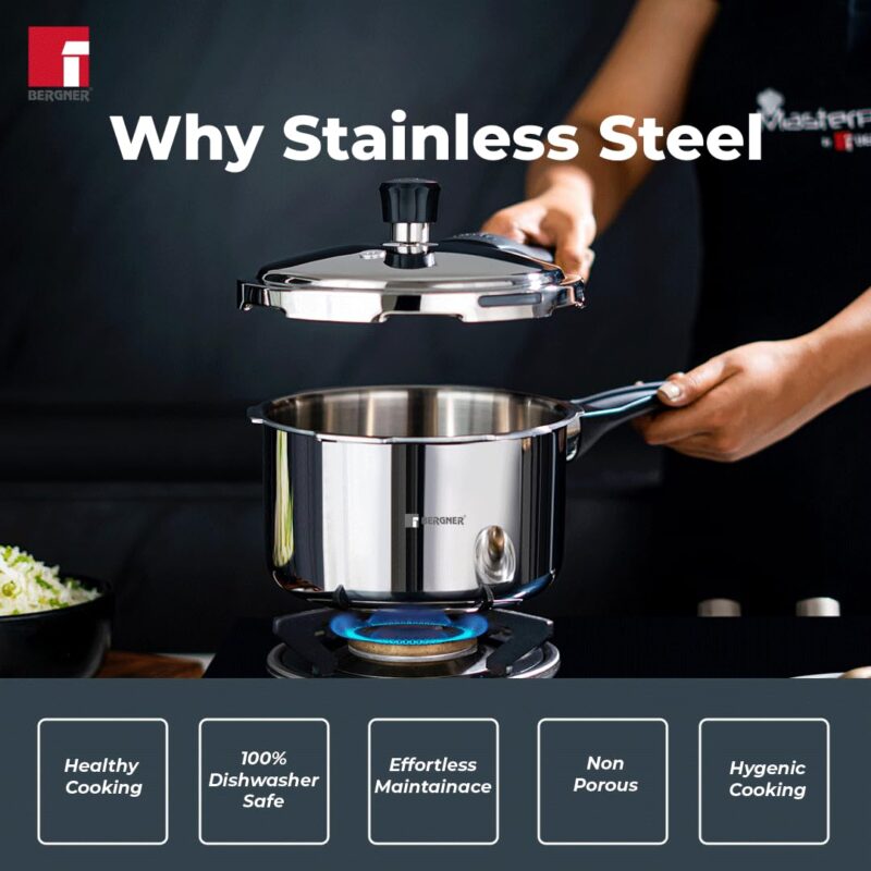 Bergner Sorrento Stainless Steel 2 Litres Outer Lid Pressure Cooker, 2 L Cooker with Outer Lid and Triply Base, Heavy Bottom, Easy Open and Close, Healthy Cooking, Induction Bottom and Gas Stove Ready - Image 9