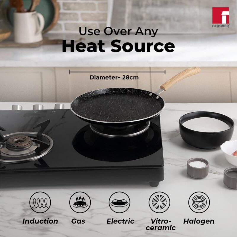 Bergner Bellini Plus Aura 5-Layer Non-Stick 28 cm Dosa Tawa, Soft Touch Wooden Finish Handle, Food Safe, PFOA Free, Even Heat Distribution, 4mm Thickness, Induction Bottom, 1-Year Warranty - Black - Image 7
