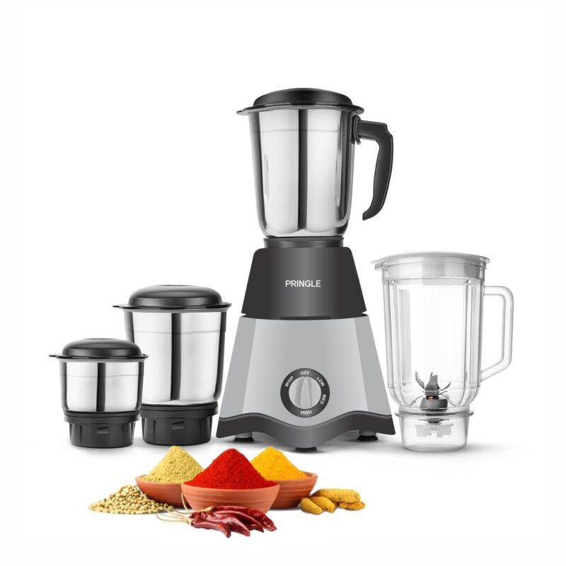 Pringle Crown Dlx 750 Watt Juicer Mixer Grinder with 4 Jars for Grinding, Mixing, Juicing with Powerful Motor | 1 Year Warranty | (Black & Gray, 4 Jars)