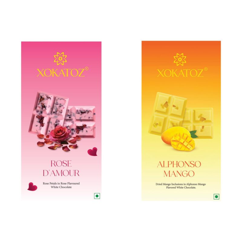 XOKATOZ Exotic Premium Chocolate - 1 Rose D’Amour + 1 Alphonso Mango Flavour - Flavoured White Chocolate Bars - Gift Set - Pack of 2, 150 gm (75gm X 2)