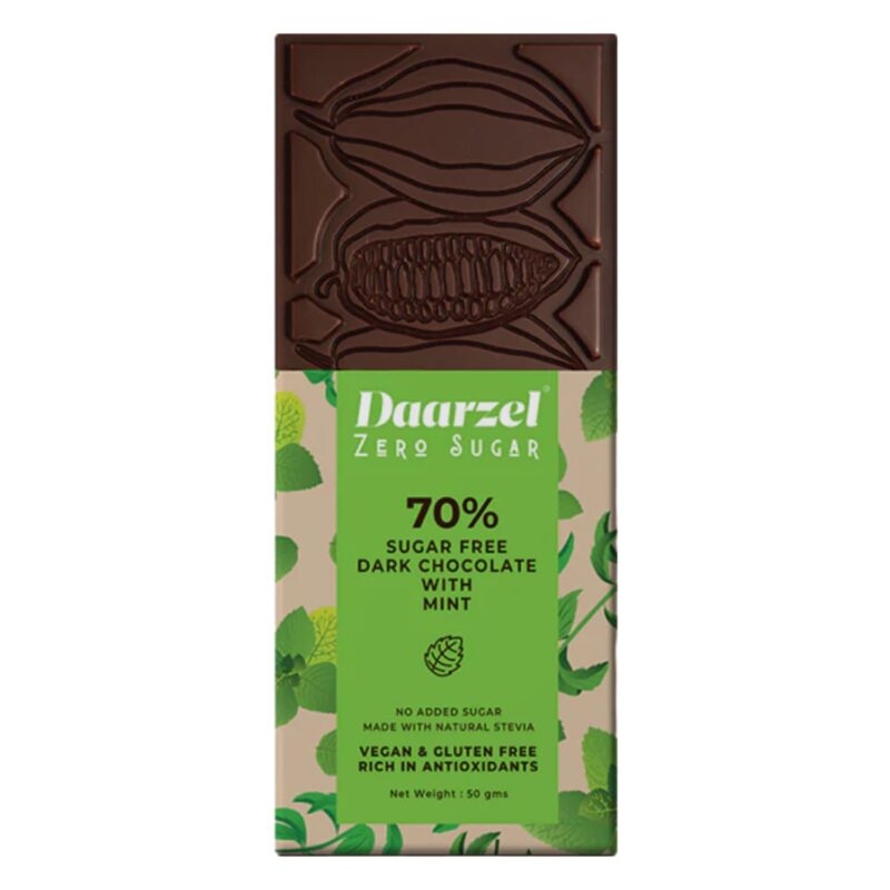 AMBRIONA Daarzel Dark Chocolate Sugar Free 70% Cocoa With Mint Bar Gluten Free Vegan 100% Natural|Sweeten With Stevia|Diabetes Friendly| Daarzel Zero Sugar|50 Gm| Sugarfree