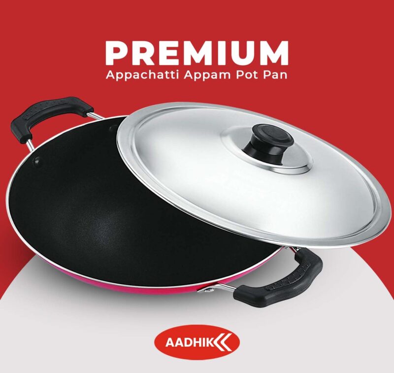 AADHIK Non-Stick Appa Chetty, Aluminium Appachatty, 23cm Diameter, 2.6mm Appachatti, Gas Compatible, Red - Image 2