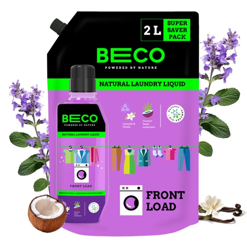 Beco Matic-Front Load Natural Laundry Liquid Detergent| 2 Litre Super Value Refill | Natural Formula for Tough Stain Removal & Fabric Care | No Harsh Chemicals | 100% Ecofriendly
