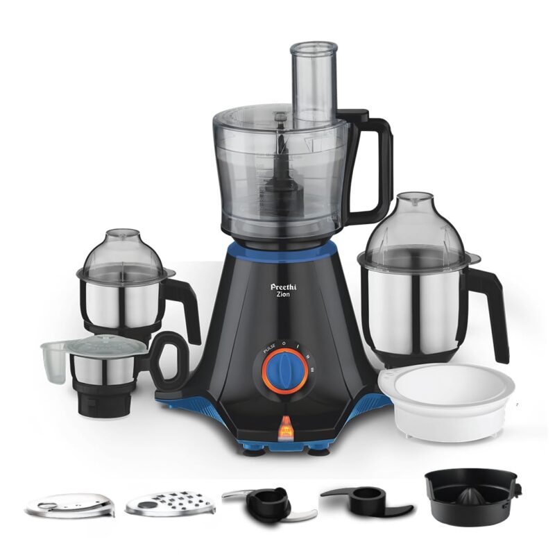 Preethi Zion Mixer Grinder for Kitchen - 4 Jars 750 Watt Mixie (3 Stainless steel Jars+1 Master Chef Plus Food processor Jar), Flexi lids, Vega W5 motor, Black (MG-227)
