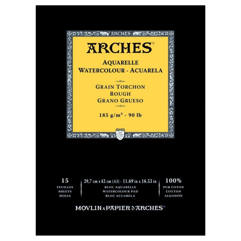 Arches Watercolour- Aquarelle - A3 (29.7 cm x 42 cm) Natural White Rough Grain 185 GSM Paper, Short Side Glued Pad of 15 Sheets