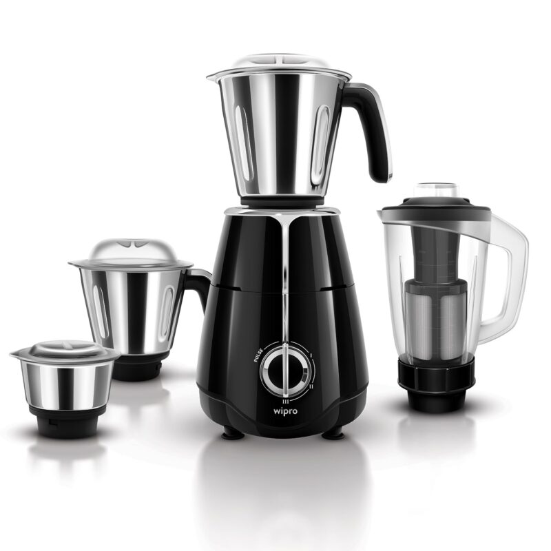Wipro Elato FMG206 1000 Watt Mixer Grinder with 4 Jars,Heavy Duty 100% Copper Motor,Superfast Grinding,Stone Pounding Blade for Masala, 4 Jars Mixer Grinder 1000 Watt, 5 Years Motor Warranty, Black