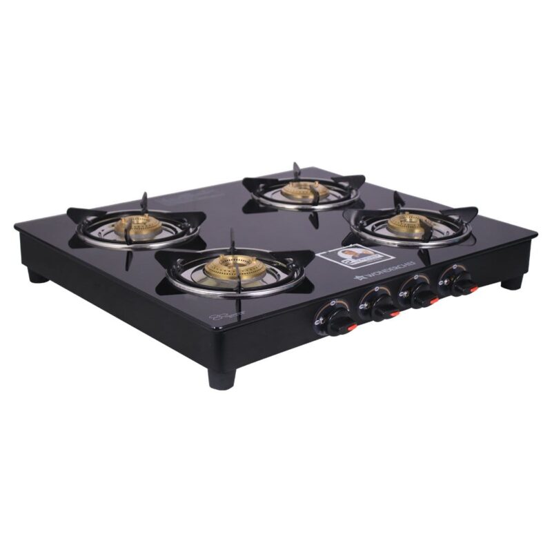 Ruby 4 Burner Glass Cooktop, Black Toughened Glass with 1 Year Warranty, Ergonomic Knobs, Heat-Efficient Brass Burners, Stainless-steel Spill Tray, Manual Ignition