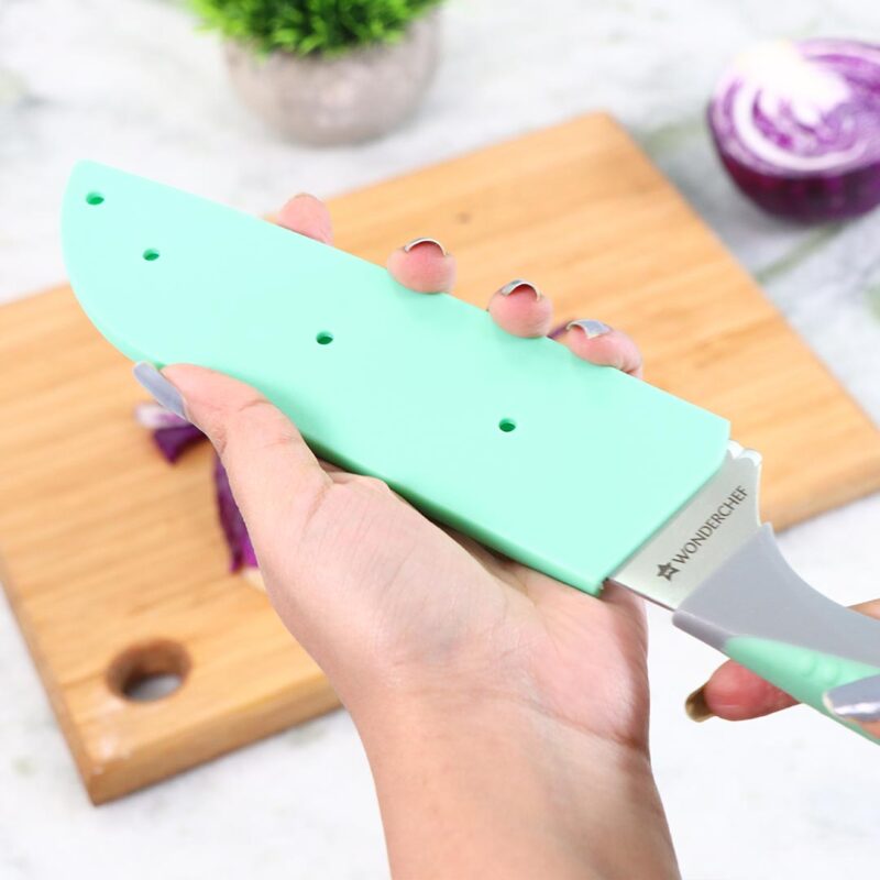 Easy Slice Stainless Steel Knife 15.2 CM, Razor Sharp Double-Edged Blade, Hollow Blade Design, Full-Tang Construction, Plastic Guard For Protection, 5 Years Warranty, Green - Image 10