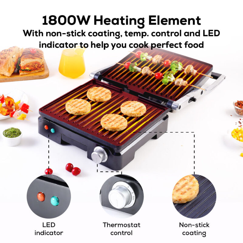 Wonderchef Renewed Sanjeev Kapoor Tandoor Family Size Plus| Electric Contact Grill & Sandwich Maker| 1800 Watt| Non-stick Grooves Healthy cooking | Super fast heating | 1 Year Warranty| Black & Silver - Image 4