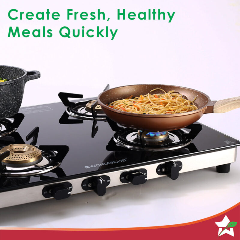 Duralife Slim Glass Cooktop 4 Burner | Heavy Duty Pan Support | Dual Locking System | Easy Grip Sleek Knobs | Brass Burner | Round Stainless Steel Drip Tray | 2 Years Warranty on Glass and Product - Image 5