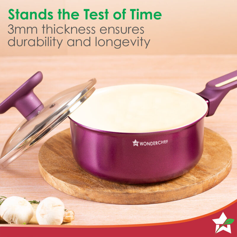 Bellagio Sauce Pan | 16 cm | 1.4 L | Non-Stick Ceramic Coating | Non-Toxic | Pure Aluminium | PFAS and PFOA Free | 3mm Thickness | Two-Tone Soft-Touch Handle and Knob | Firm Grip | 2 Years Warranty - Image 5