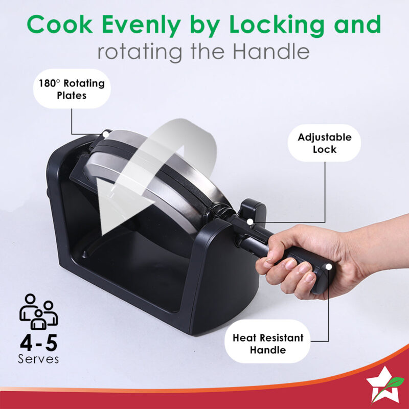 1000 Watt Belgian Waffle Maker | Non-stick Plates| Adjustable Temperature Control | Stainless Steel Body | 180 Degree Rotating Function For Uniform Baking | 1 Year Warranty | Steel & Black - Image 5