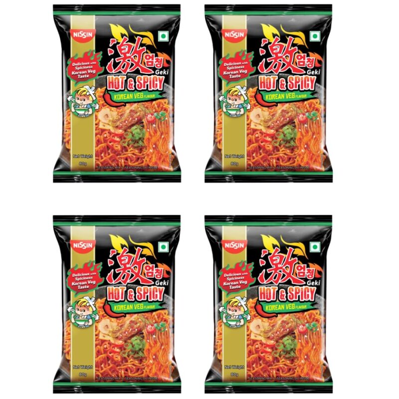 Geki Hot & Spicy Instant Noodles Korean Veg Flavour, 80 g (Pack of 4)