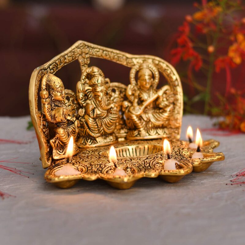 Collectible India Laxmi Ganesh Saraswati Idol Diya Oil Lamp Deepak - Metal Lakshmi Ganesha Showpiece Statue - Traditional Diya for Diwali Puja - Diwali Home Decoration Items Gifts (1) (1) - Image 6