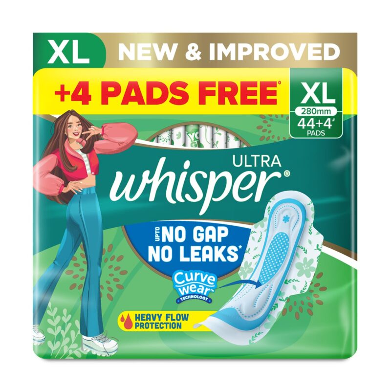 Whisper Ultra Upto No Gap No Leaks Sanitary Pads, 48 XL Pads, For Heavy Flow Protection, With CURVEWEARâ„¢ Technology, Cotton Like Softness, Disposable Wrapper, Locks Odour & Wetness