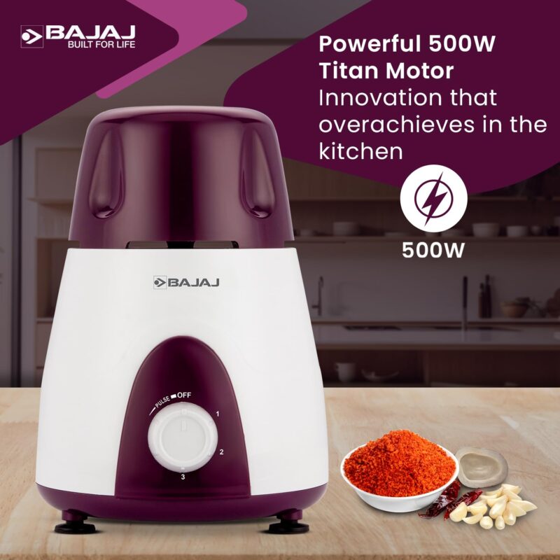 Bajaj Rex Mixer Grinder 500W|Mixie For Kitchen With Nutri-Pro Features|3 SS Mixer Jars For Heavy Duty Grinding|Adjustable Speed Control|Multifunctional Blade System|2 Year Warranty By Bajaj|Purple - Image 5