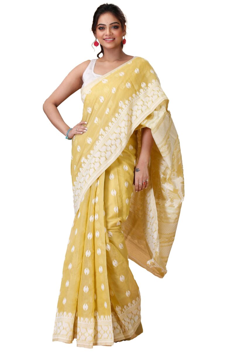 Oishani Saree Ghor Women's Traditional Bengal Cotton & Silk Soft Jamdani Saree - Beautiful Pallu Design Work - 5.5 metres Saree Without Blouse Piece_Pale Yellow