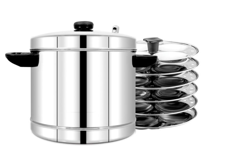 Pigeon Classic 6 Stainless Steel Idli Maker /Cooker with whistle indicator - 6 Plates (24 Idlis) / Idli Steamer/Idly Cooker Pot/ Stainless Steel Idli Maker with Silver Lid - Fluffy Idlies - Induction & Gas Base - 1 Year Warranty