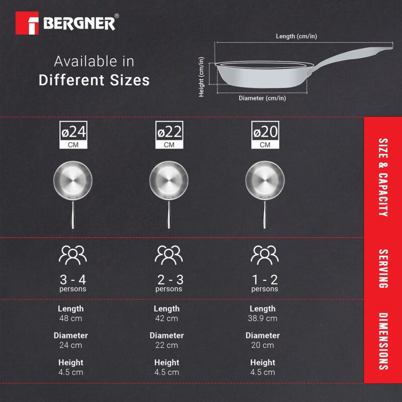 BERGNER Argent TriPly 20 cm Frypan/Steel Pan, Scratch Resistant, for Spice Tempering/Seasoning, Stay Cool Long Handle, Mirror Finish, Induction Ready, 5-Year Warranty by Bergner - Image 9