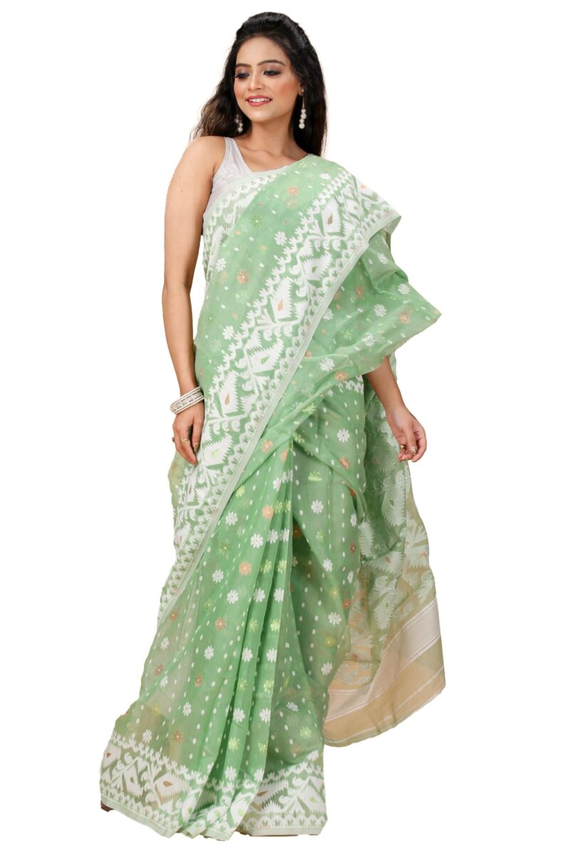 OISHANI SAREE GHOR Women's Traditional Bengal Cotton Silk Soft Jamdani Saree - Beautiful design and Quality - Without Blouse Piece (Mint Green)