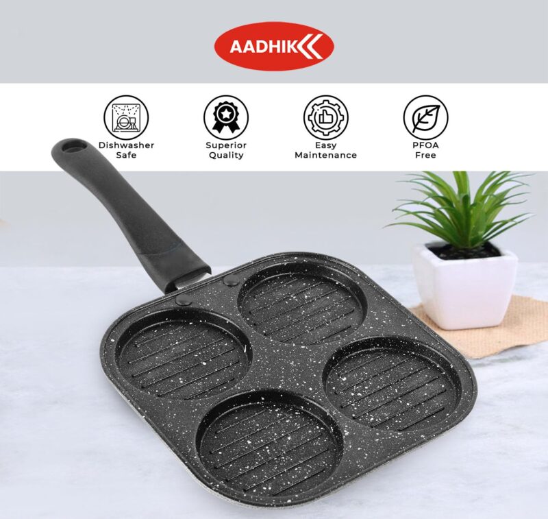 AADHIK Non-Stick Grill Pan Mini Pan Uttapam Tawa Aluminum Multi Snack Maker 4 Cavity, Pancake Maker (Black) - Image 3