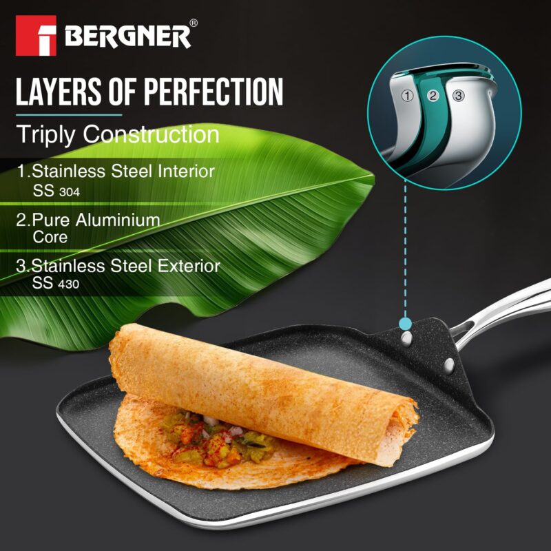 BERGNER Argent Samsara Triply Stainless Steel 27cm Square Multi Tawa with Quantanium Non-Stick Coating, Consumes Less Oil, Healthy Cooking, Even and Fast Heating, Easy to Clean - Induction Compatible - Image 6