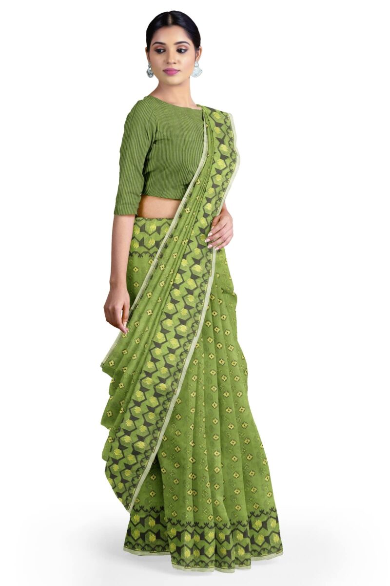 Saree Niketan Women's Traditional Bengal Cotton Silk Dhakai Jamdani Saree. (Green)
