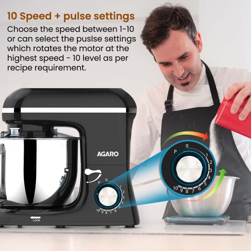 AGARO Imperial Stand Mixer,1400W with 6L SS Bowl, 1.5L Blending Jar,10 Speed With Pulse Function, 100% Copper Motor, Includes Blending Jar, Whisker, Beater, Dough Hook, Egg White Separator, Black - Image 5