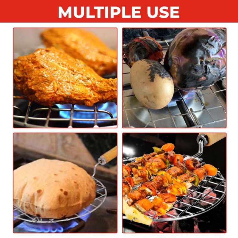 AADHIK Papad Jali Roast, Paneer Grill, Roti Maker, Barbeque Round Jali Roaster Chapati Toast Grill Wooden Handle Vegetable tandoor net, Baigan Bharta - Image 3