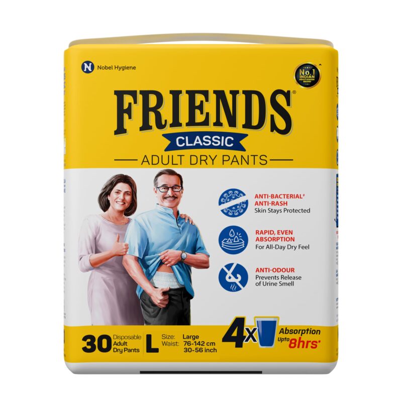 Friends Classic Adult Diapers Pants Style - 30 Count (Large) with odour lock, Unisex, Leakproof, Elastic Waist and Anti-Bacterial Absorbent Core - Waist Size 30-56 inch; 76-142 cm