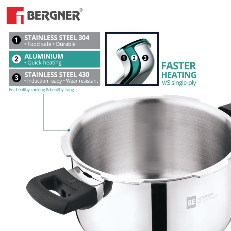 Bergner BE Bergner Essentials Tripro Triply Stainless Steel 3 Liters Outer Lid Pressure Cooker, Faster and Even Heating, Healthy Cooking, Easy to Clean, Full Induction Bottom and Gas Stove Ready - Image 4