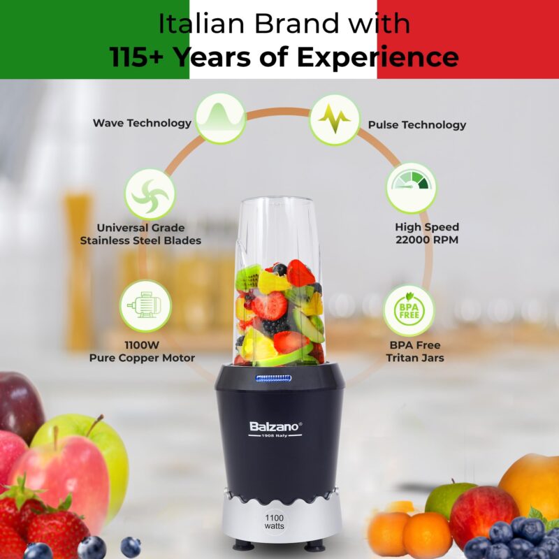 Balzano 1100W Ultra-Speed Bullet Mixer Grinder (Italian Design & Engineering) Blender for Smoothie and Juices, Juicer Mixer Grinder, Blender for Kitchen, Surgical Grade Stainless Steel Blades - Image 5