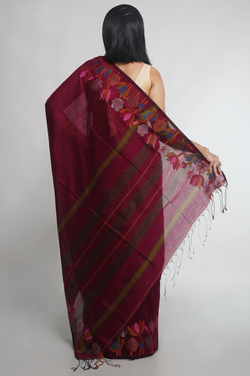 WoodenTant Womens Woven Handloom Cotton Silk Saree In Magenta With Jamdani Lotus Border - Image 7